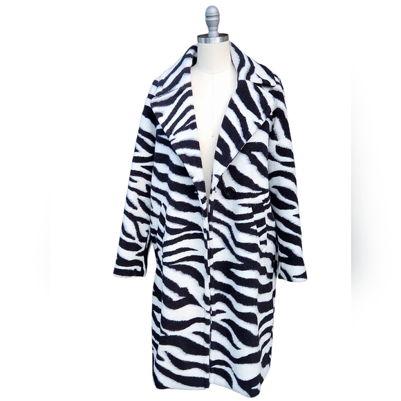 Rachel Roy Brushed Zebra Print Trench Wool Blend Coat M - Picture 3 of 14